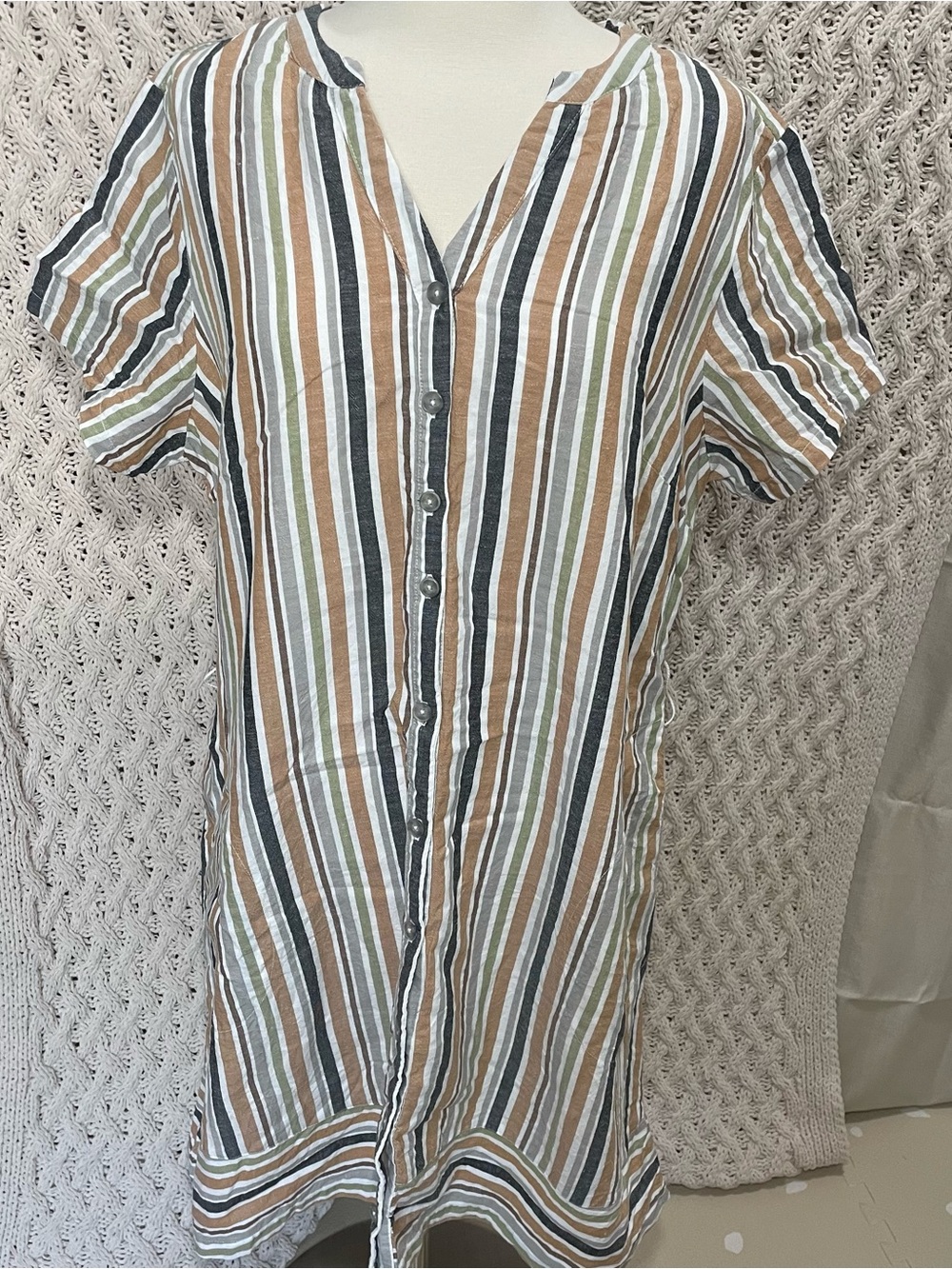 Isaac Mizrahi  woman Brown White Olive Striped Midi Dress size 14
